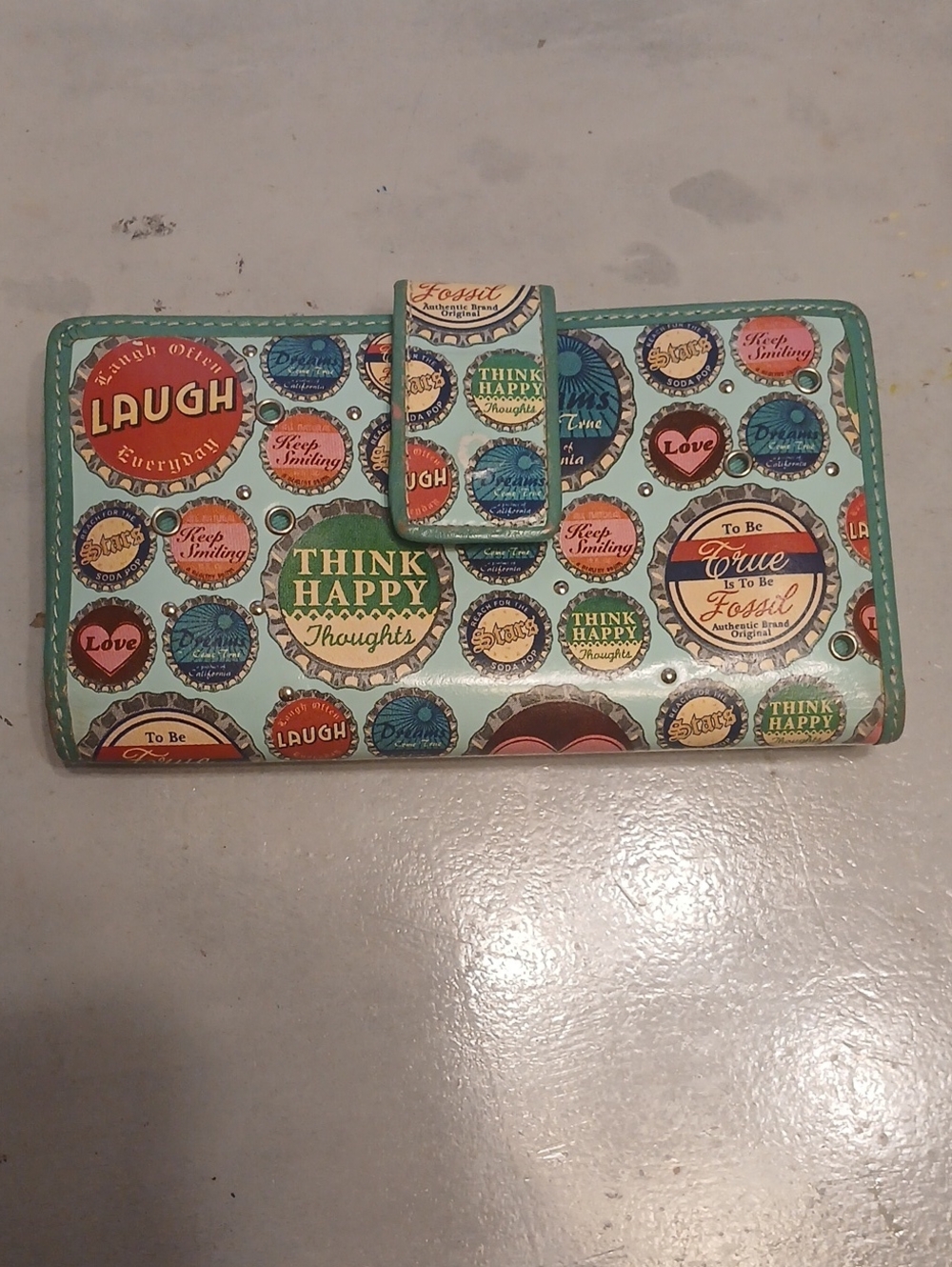 Fossil Teal Multi-Color 'Think Happy' Printed Women's Wallet